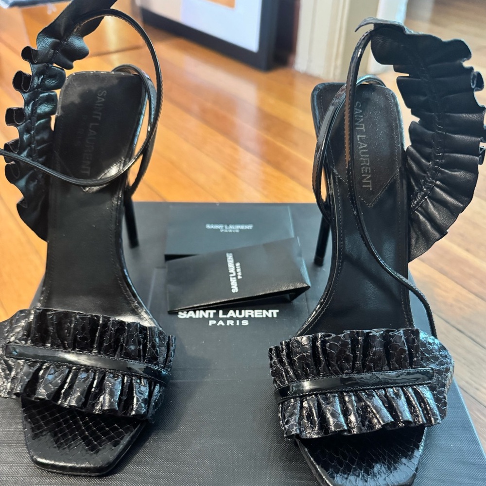 SAINT LAURENT SNAKESKIN RUFFLE SANDAL HEELS